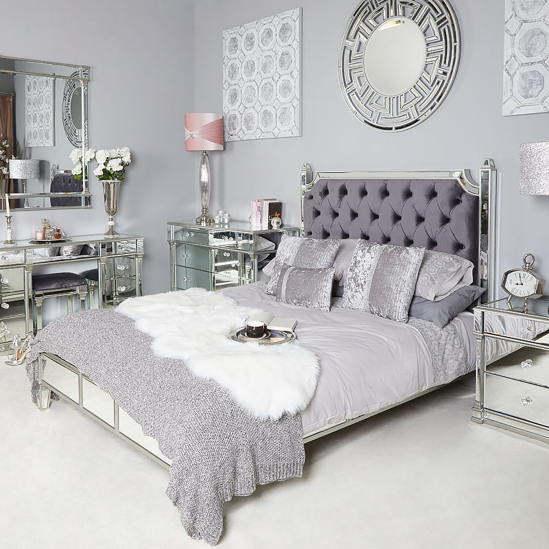 Athens Silver Mirrored King Size Bed Frame With Velvet ...