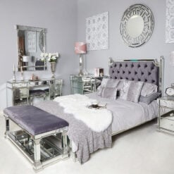 Athens Silver Mirrored King Size Bed Frame With Velvet Headboard