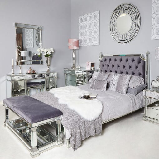 Athens Antique Silver Mirrored King Size Bed Frame With Velvet Headboard