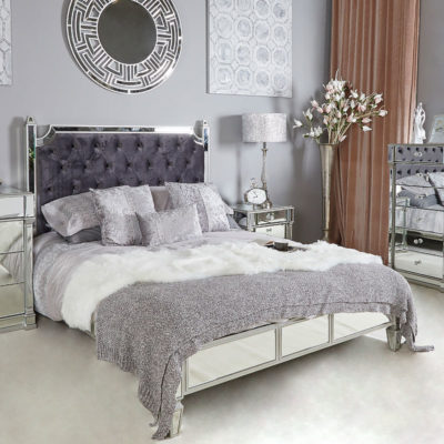 Athens Antique Silver Mirrored King Size Bed Frame With Velvet ...