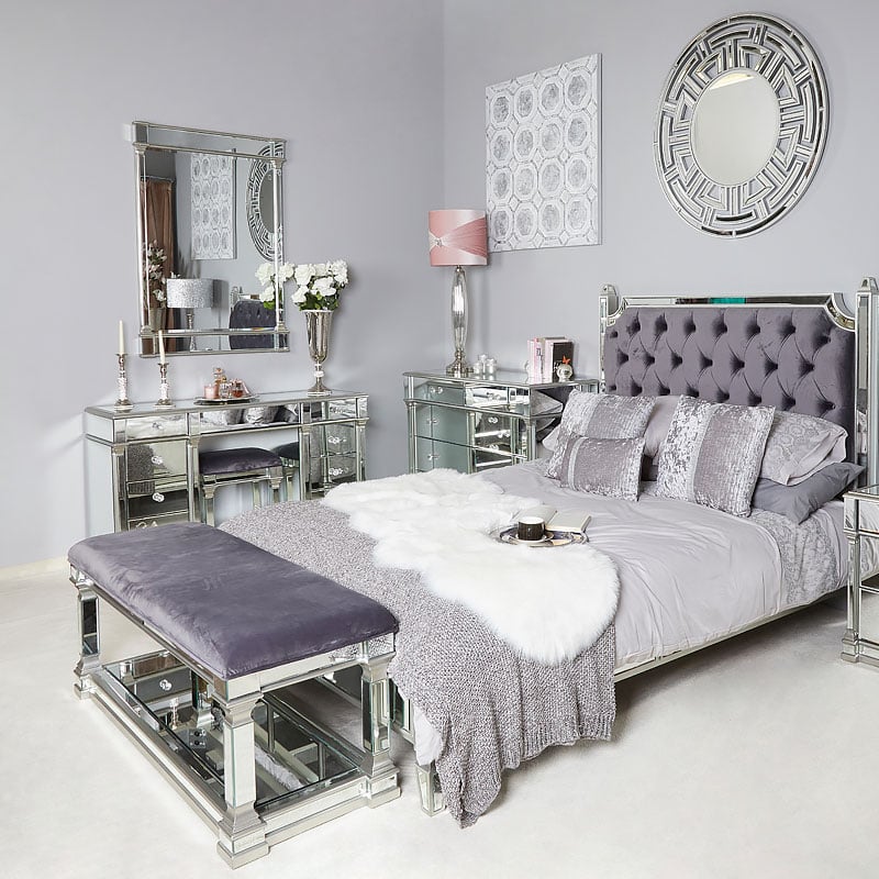 Athens Silver Mirrored Upholstered Bed End Bench With A Velvet Seat Picture Perfect Home