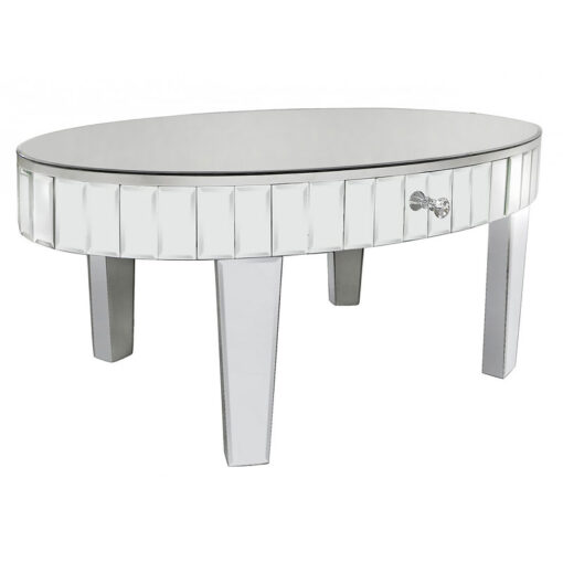 Classic Mirror Oval 1 Drawer Mirrored Coffee Table With Tile Detail