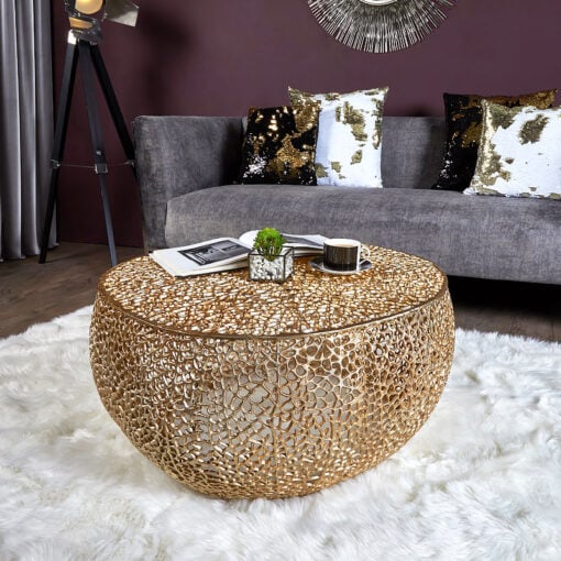 Coralie Gold Medium Round Metal Coffee Table With A Coral Pattern