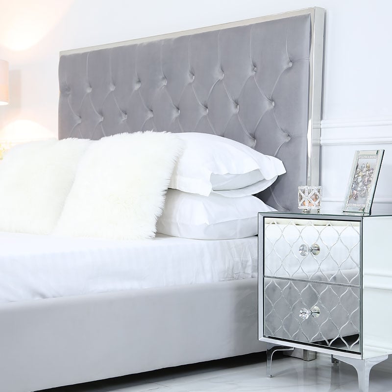 Grey King Size Bed With A Chrome Frame And Velvet Style Upholstery Picture Perfect Home