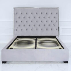Grey Mirrored Double Size Bed Frame With Velvet Style Upholstery