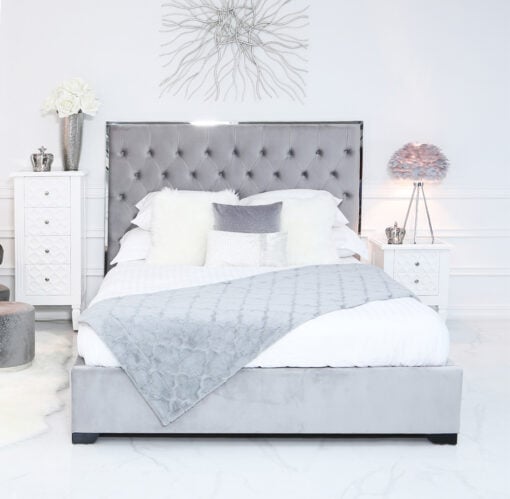 Grey Double Size Bed With A Chrome Frame And Velvet Style Upholstery