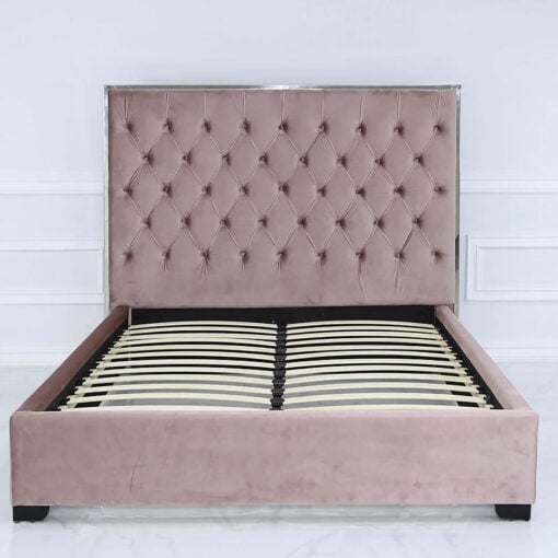 Rose Pink Double Size Bed With Chrome Frame And Velvet Style Upholstery