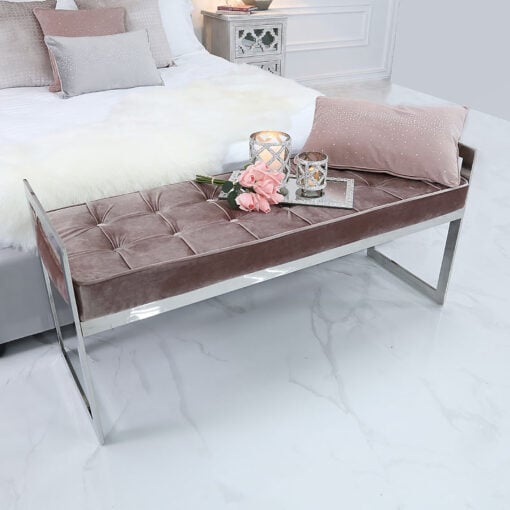 Zenn Stainless Steel Bench With A Blush Pink Deep Padded Tufted Seat