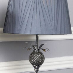Polished Metal Pineapple Table Lamp With A Grey Drum Shade