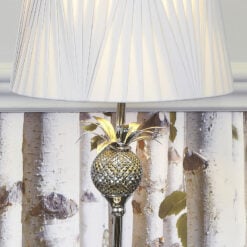 Polished Metal Pineapple Table Lamp With A Light Grey Drum Shade