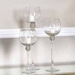 Set Of 3 Wine Glass Style Candle Holders With A Diamante Ball On Stems