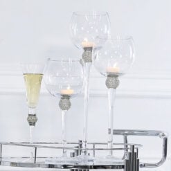Set Of 3 Wine Glass Style Candle Holders With A Diamante Ball On Stems