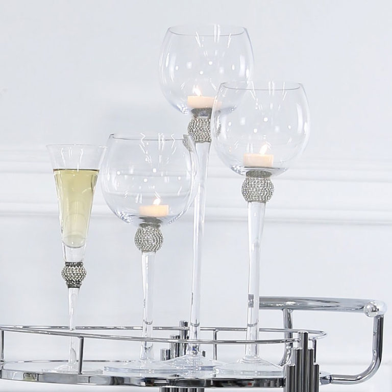 Set Of 3 Wine Glass Style Candle Holders With A Diamante Ball On Stems ...