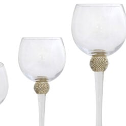 Set Of 3 Wine Glass Style Candle Holders With A Gold Diamante Ball