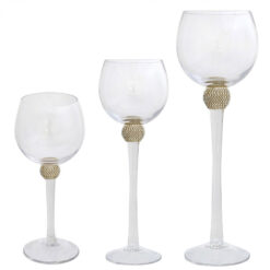 Set Of 3 Wine Glass Style Candle Holders With A Gold Diamante Ball