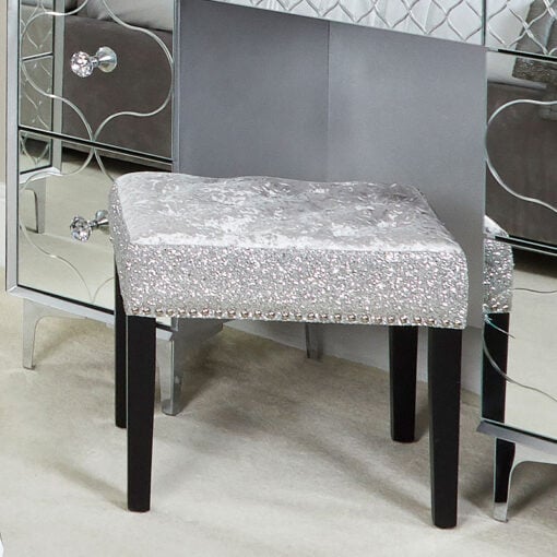 Silver Crushed Velvet Dressing Stool Chair With Sparkly Glitter Sides