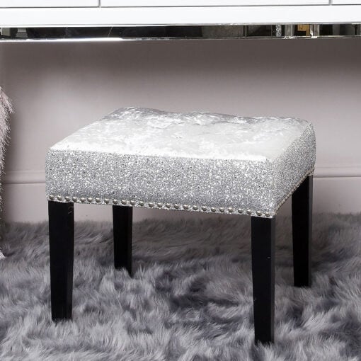 Silver Crushed Velvet Dressing Stool Chair With Sparkly Glitter Sides