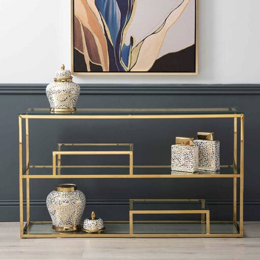Bailey Gold Steel 3 Tier Console Table With Glass Shelves