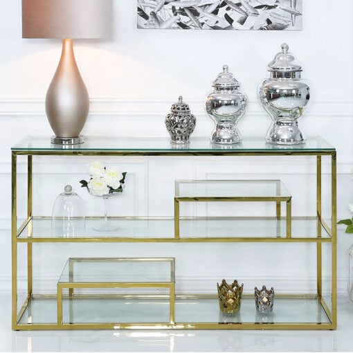 Bailey Gold Steel 3 Tier Console Table With Glass Shelves