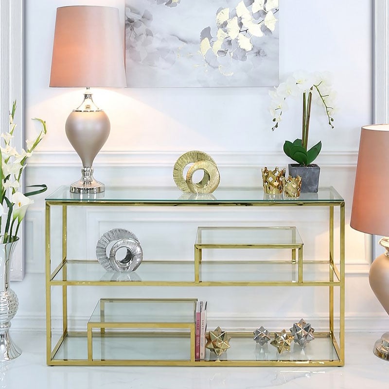 Bailey Gold Steel 3 Tier Console Table, Gold Glass Console Table Uk