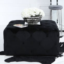 Black Square Stool In Black Velvet Upholstery With Tufted Buttons
