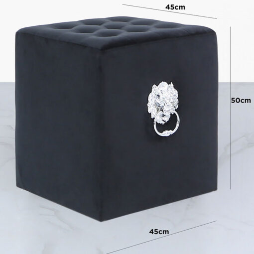 Black Square Velvet Stool With Buttons And Lion Head Side Handle Rings