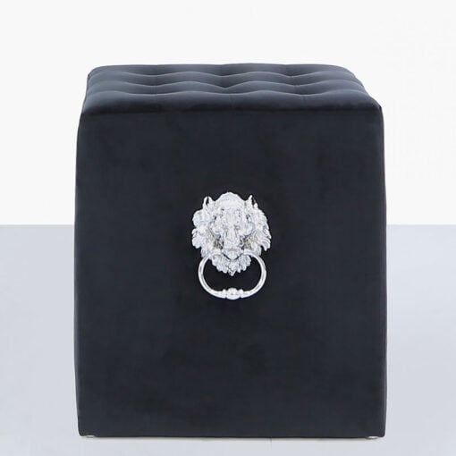 Black Square Velvet Stool With Buttons And Lion Head Side Handle Rings