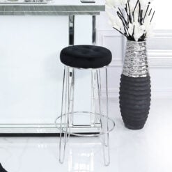 Colton Bar Stool With Chrome Steel Base And A Padded Black Velvet Seat