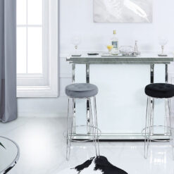 Colton Bar Stool With Chrome Steel Base And A Padded Grey Velvet Seat