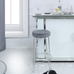 Colton Bar Stool With Chrome Steel Base And A Padded Grey Velvet Seat