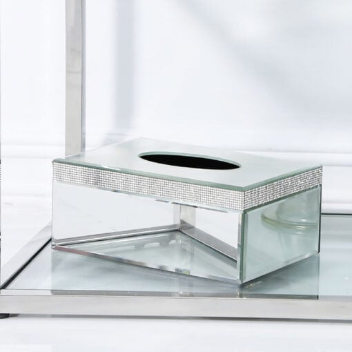 Diamond Glitz Mirrored Tissue Box Holder With A Diamante Strip Border