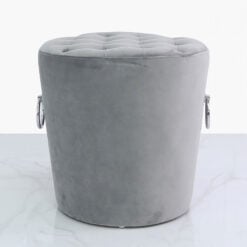 Grey Round Velvet Stool With Tufted Buttons And Silver Side Handles