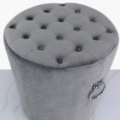 Grey Round Velvet Stool With Tufted Buttons And Silver Side Handles