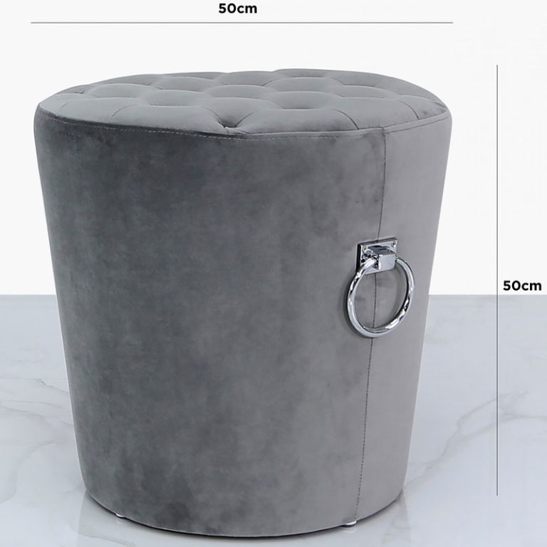 Grey Round Velvet Stool With Tufted Buttons And Silver Side Handles