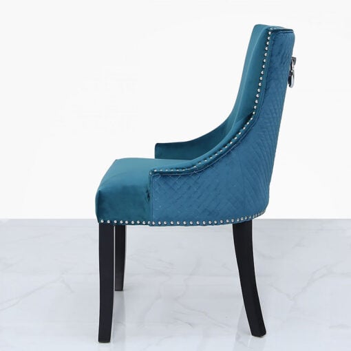 Marine Green Velvet Dining Chair With Studded Trims And Ring Knocker