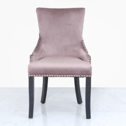 Pink Velvet Dining Chair With Studded Trims And Ring Knocker Back