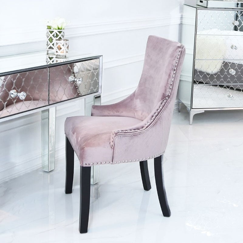 Pink Velvet Dining Chair With Studded Trims And Ring ...