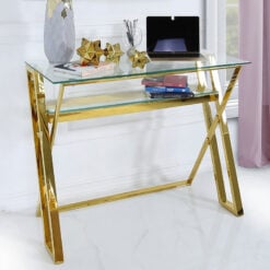 Plaza Gold Steel Office Desk With A Clear Tempered Glass Table Top