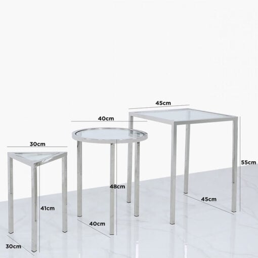 Nest Of 3 Stainless Steel And Glass End Tables In 3 Geometrical Shapes