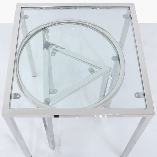Nest Of 3 Stainless Steel And Glass End Tables In 3 Geometrical Shapes