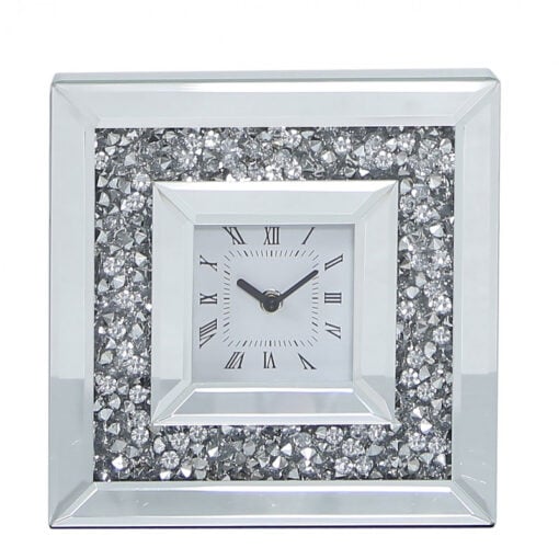 Table Clock With A Clear Mirror Border And A Crystal Encrusted Frame