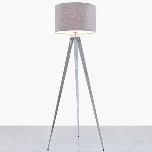 Hollywood Chrome Tripod Floor Lamp With Grey Velvet Sparkle Shade