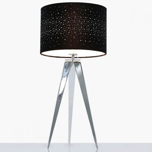 Hollywood Chrome Tripod Table Lamp With Black Velvet Sparkle Shade