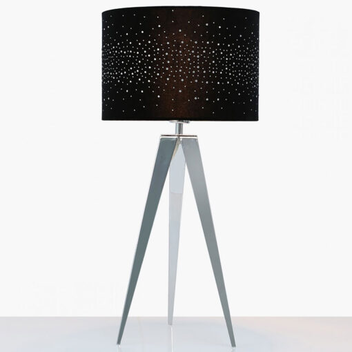 Hollywood Chrome Tripod Table Lamp With Black Velvet Sparkle Shade