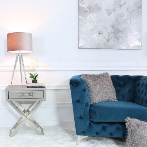 Hollywood Chrome Tripod Table Lamp With Grey Velvet Sparkle Shade