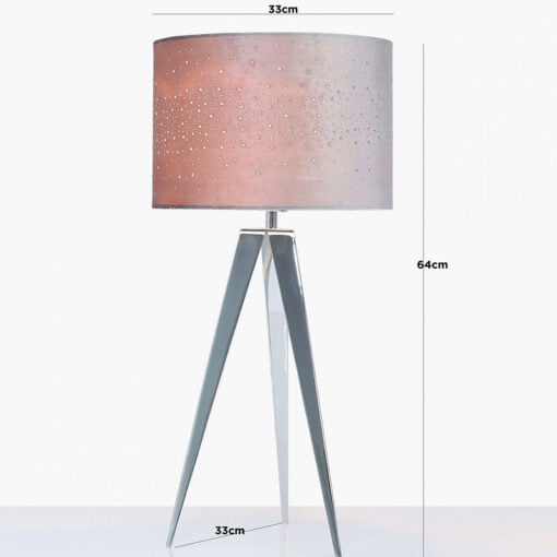 Hollywood Chrome Tripod Table Lamp With Grey Velvet Sparkle Shade