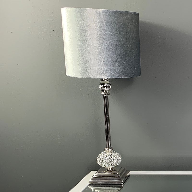 Nickel Diamante Candlestick Table Lamp With Grey Velvet Shade | Picture ...