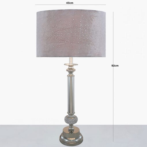 Nickel Diamante Candlestick Table Lamp With Grey Velvet Sparkle Shade