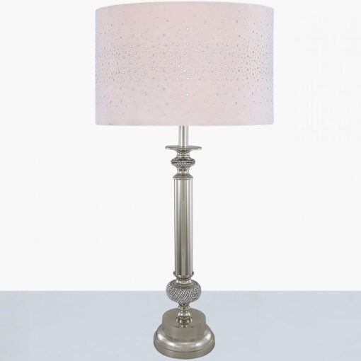 Nickel Diamante Candlestick Table Lamp With Pink Velvet Sparkle Shade