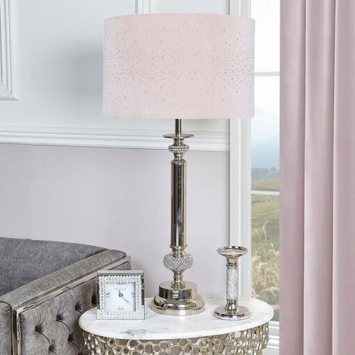 Nickel Diamante Candlestick Table Lamp With Pink Velvet Sparkle Shade